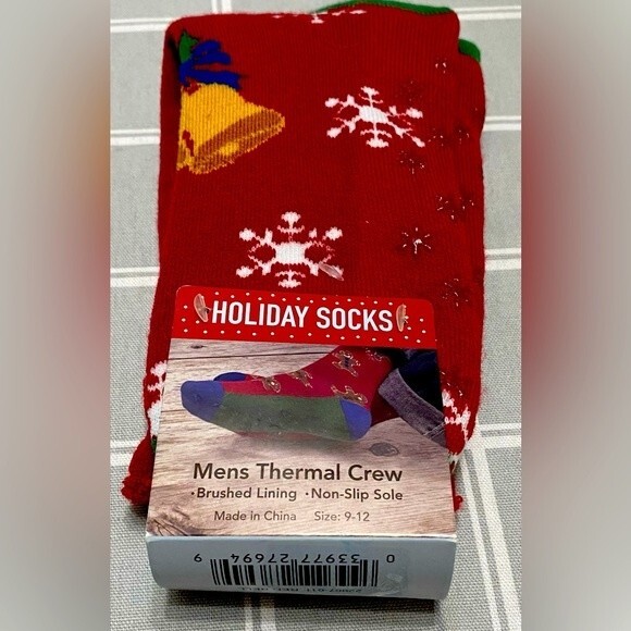 MUK LUKS Men’s Thermal Crew Holiday Ugly Socks Red Bell No Slip Sole NWT - Picture 1 of 4